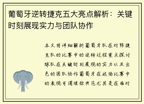 葡萄牙逆转捷克五大亮点解析：关键时刻展现实力与团队协作