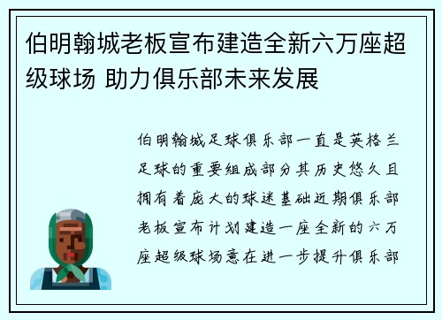伯明翰城老板宣布建造全新六万座超级球场 助力俱乐部未来发展 伯明翰城老板宣布建造全新六万座超级球场 助力俱乐部未来发展