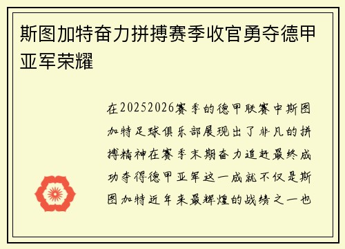 斯图加特奋力拼搏赛季收官勇夺德甲亚军荣耀 斯图加特奋力拼搏赛季收官勇夺德甲亚军荣耀