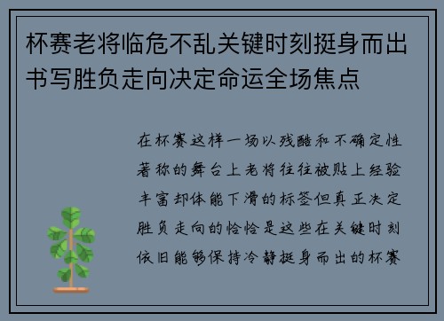 杯赛老将临危不乱关键时刻挺身而出书写胜负走向决定命运全场焦点