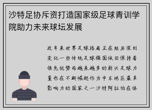 沙特足协斥资打造国家级足球青训学院助力未来球坛发展